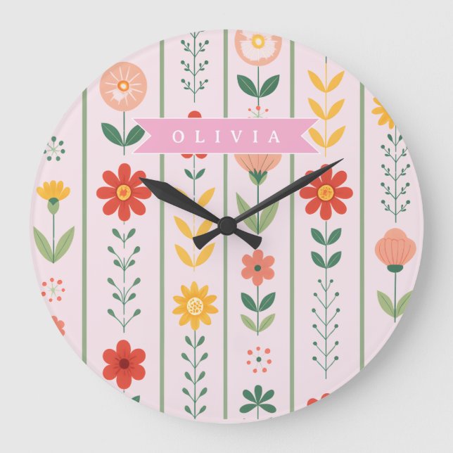 Personalized folk scandinavian floral pattern große wanduhr (Vorderseite)
