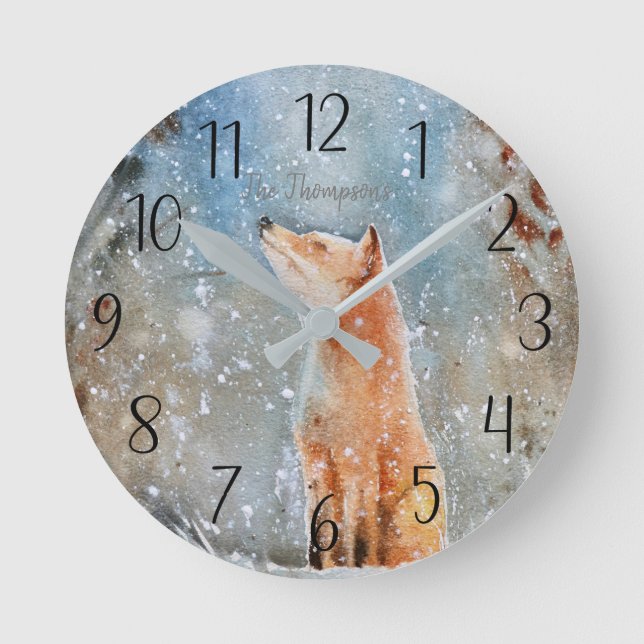 Personalized Fox Winter Scene Round Clock Runde Wanduhr (Vorderseite)