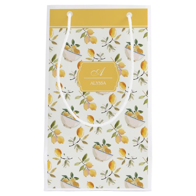 Personalized French Country Lemon Pattern Monogram Kleine Geschenktüte (Vorderseite)