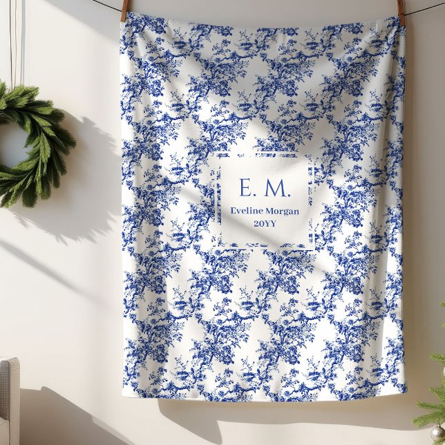Personalized French Toile Floral Blue Blanket Gift Sherpadecke (Personalized French Toile Floral Blue Blanket Gift)