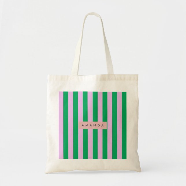 Personalized Fresh Green and Pink Striped Retro Tragetasche (Vorne)