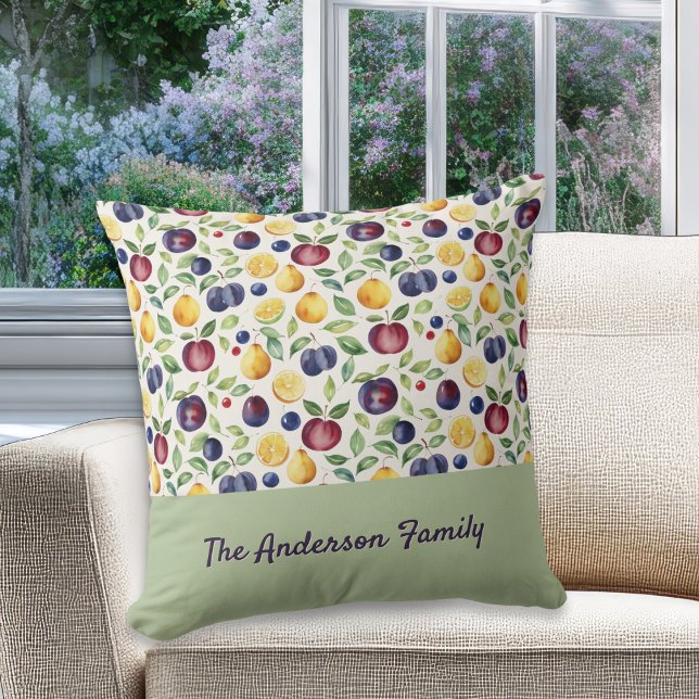 Personalized Fruits and Leaves Pattern Kissen (A stylish throw pillow with custom family name, with fruits and leaves pattern)