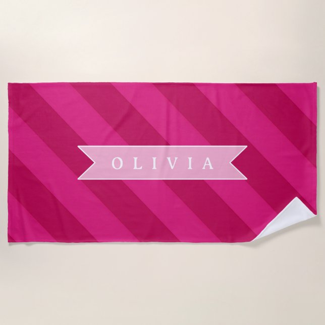Personalized Fun Cute Modern Pink Stripe Strandtuch (Vorderseite)