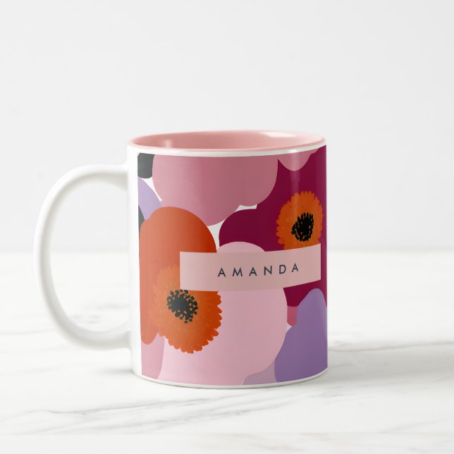 Personalized Funky Red and Pink Flower Design Zweifarbige Tasse (Links)