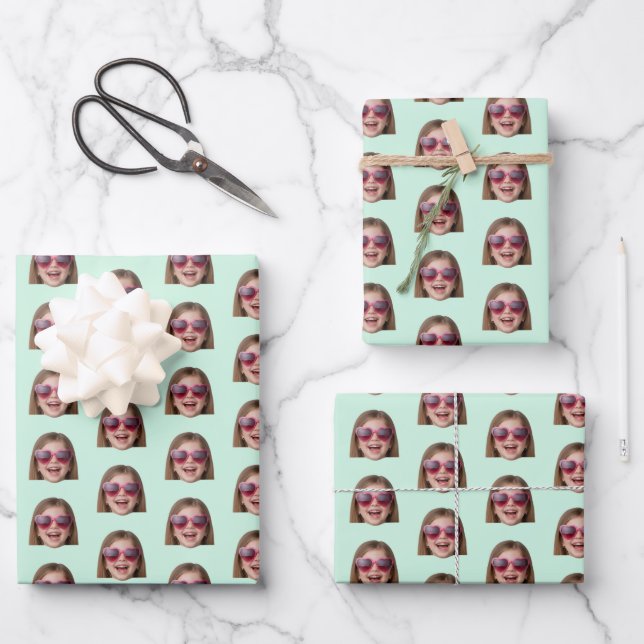 Personalized Funny Mint Green Custom Face Photo Geschenkpapier Set (Vorderseite)