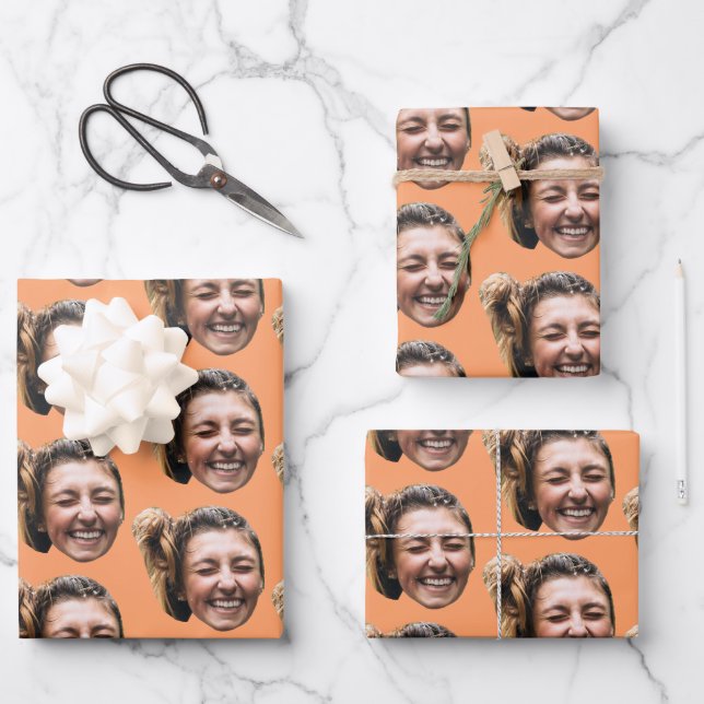 Personalized Funny Orange Custom Face Photo Girly Geschenkpapier Set (Vorderseite)