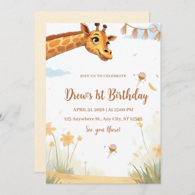 Personalized Giraffe Safari Birthday Invitation Einladung (Vorne/Hinten)