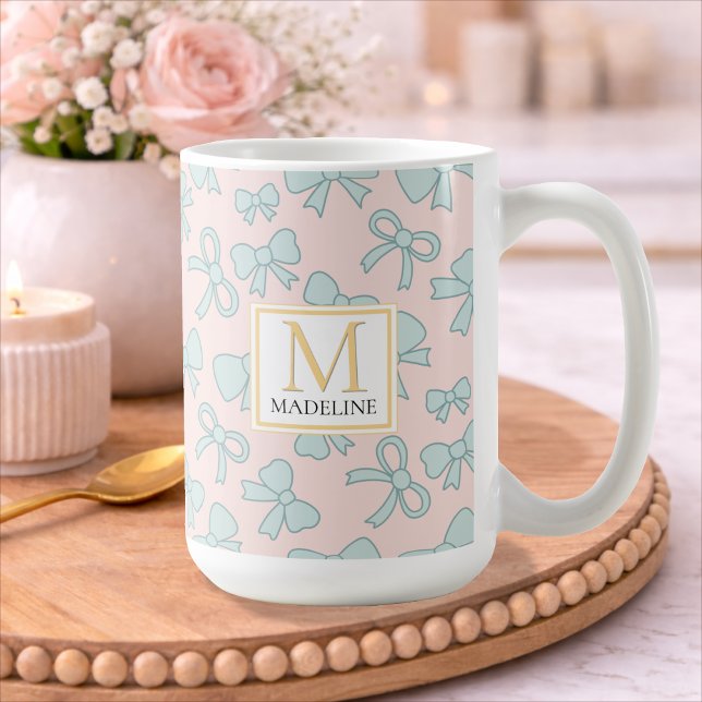 Personalized Girl Cute Bow Name Blue Pink Kaffeetasse (Von Creator hochgeladen)