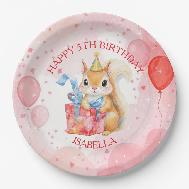 Personalized Girl's Birthday Squirrel Pink and Red Pappteller (Vorderseite)
