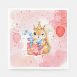 Personalized Girl's Birthday Squirrel Pink and Red Serviette