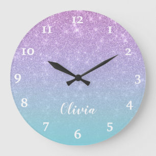 Personalized Girly Purple Blue Glitter Glam Ombre Große Wanduhr