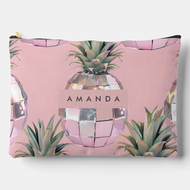 Personalized Glam Disco Pineapple Pink Metallic Zubehörtasche (Vorderseite)