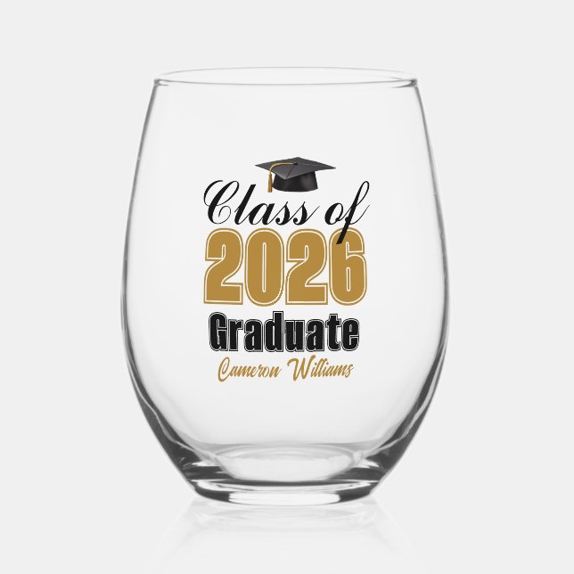 Personalized Gold Black Class of 2026 Graduation Weinglas Ohne Stiel (Vorderseite)