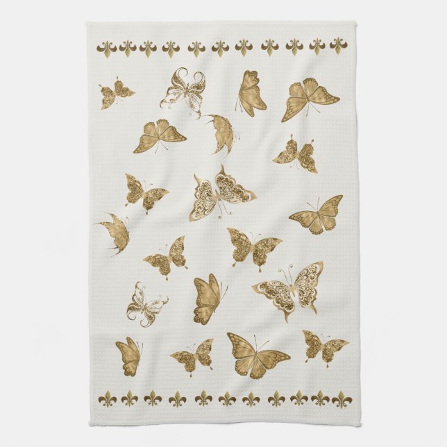 Personalized Gold Butterfly Fleur de Lis Matching Geschirrtuch (Vertikal)