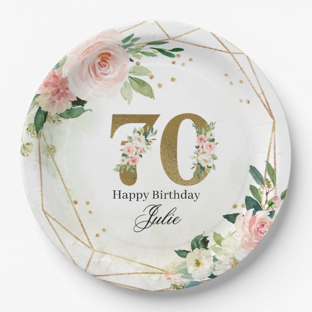 Personalized Gold & Floral Custom 70th  Pappteller (Vorderseite)