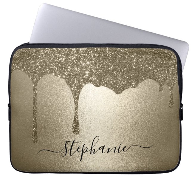 Personalized Gold Glitter Drip Laptop Sleeve (Vorderseite)
