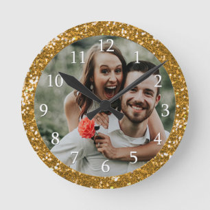Personalized Gold Glitter Frame Photo Runde Wanduhr