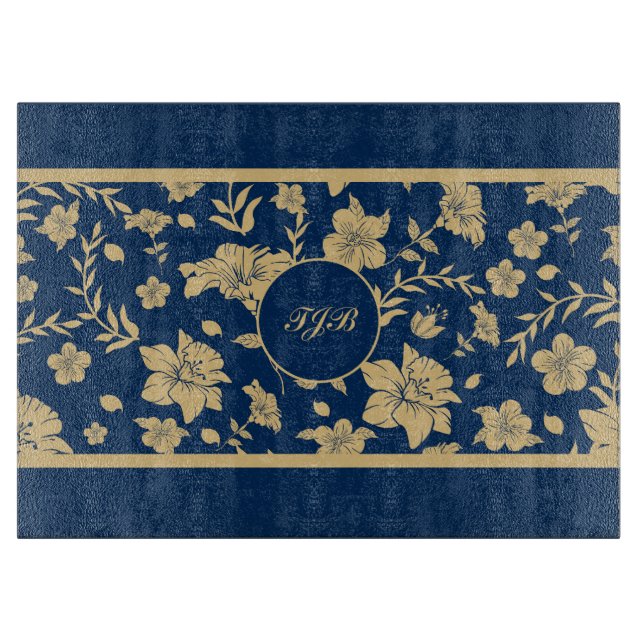 Personalized Gold Navy Floral Schneidebrett (Vorderseite)
