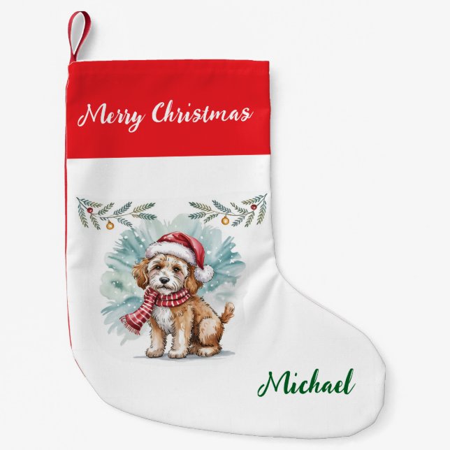 Personalized Goldendoodle Dog in Santa Hat  Kleiner Weihnachtsstrumpf (Vorderseite)