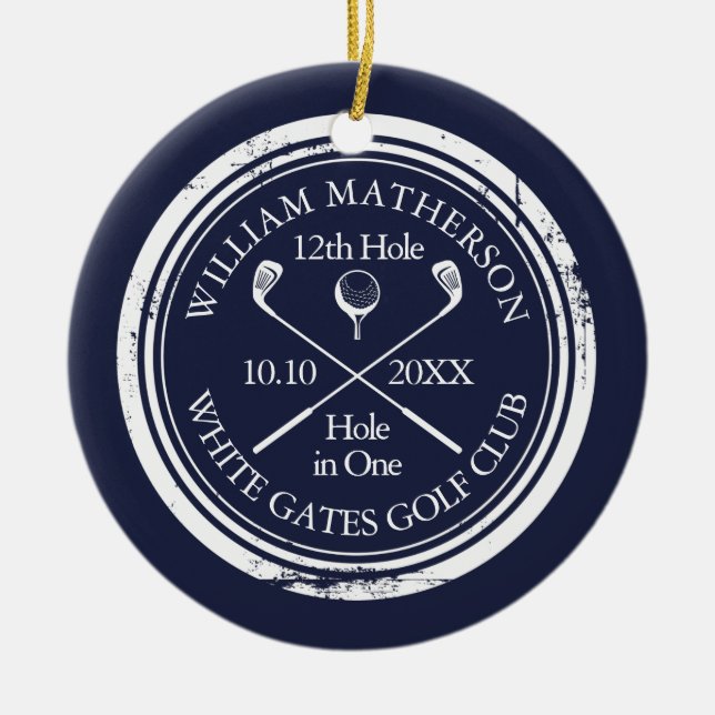 Personalized Golf Hole in One Keepsake Navy Blue Keramik Ornament (Vorne)