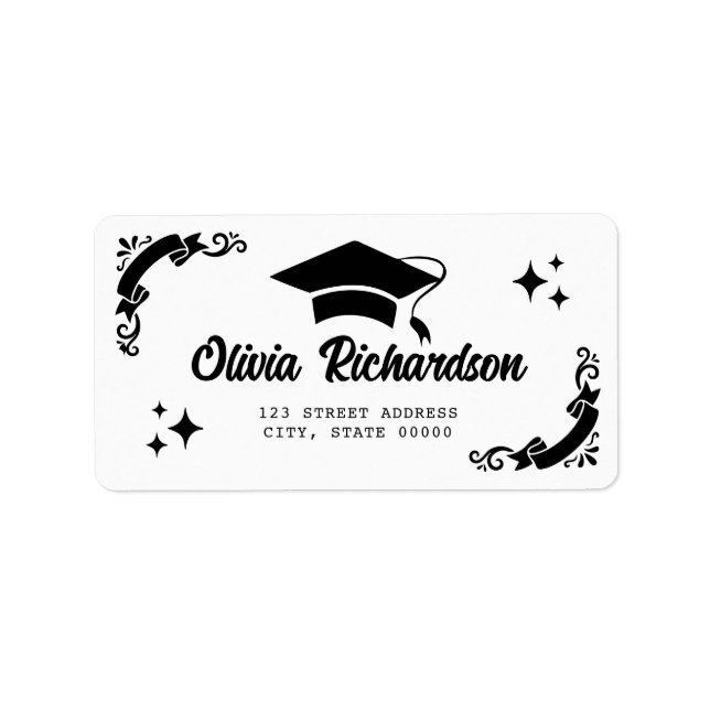 Personalized Graduation Elegant Script Stars & Cap Adressaufkleber (Vorne)