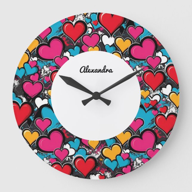 Personalized Graffiti Hearts Colorful Wall Clock Große Wanduhr (Vorderseite)