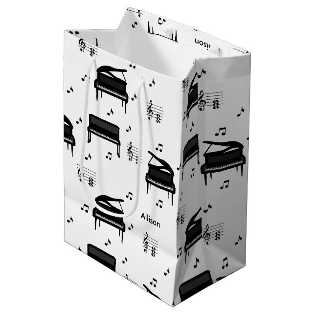 Personalized Grand Piano and Music Notes Pattern Mittlere Geschenktüte (Vorderseite Schrägansicht)
