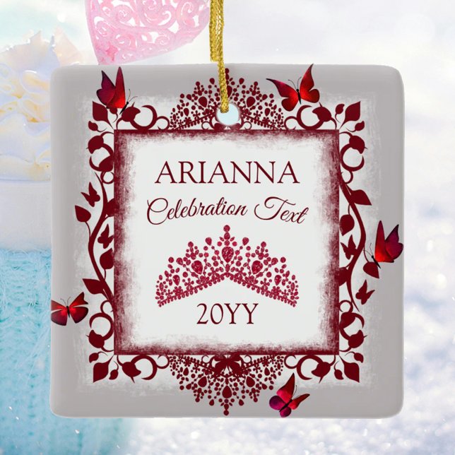 Personalized Gray, Burgundy Red Tiara, Butterfly Keramikornament (personalized tree ornament with red butterflies and tiara, congratulations, commemorative gift)