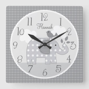 Personalized Gray Dot Elephant Nursery Baby Clock Quadratische Wanduhr