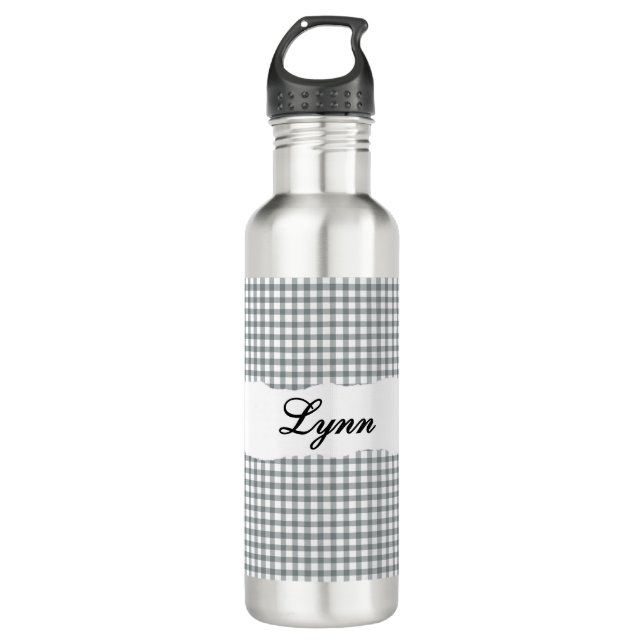 Personalized Gray Gingham Pattern & Custom Name Edelstahlflasche (Vorderseite)