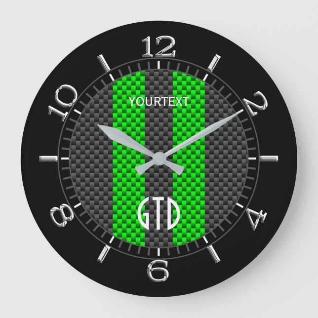 Personalized Green Carbon Style Racing Stripes Große Wanduhr (Vorderseite)
