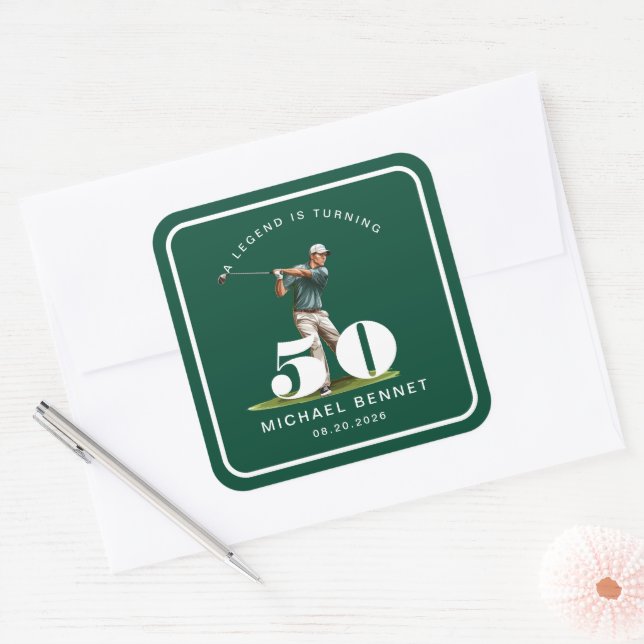 Personalized Green Sports Golf 50th Birthday Quadratischer Aufkleber (Umschlag)