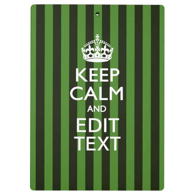Personalized Green Stripes Keep Calm Your Text Klemmbrett (Rückseite)