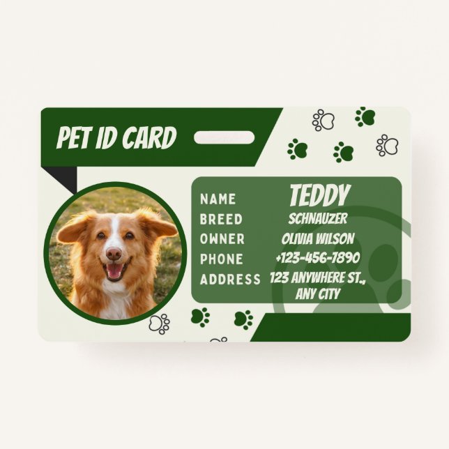 Personalized Green White Dog Card Photo ID Badge Ausweis (Vorderseite)