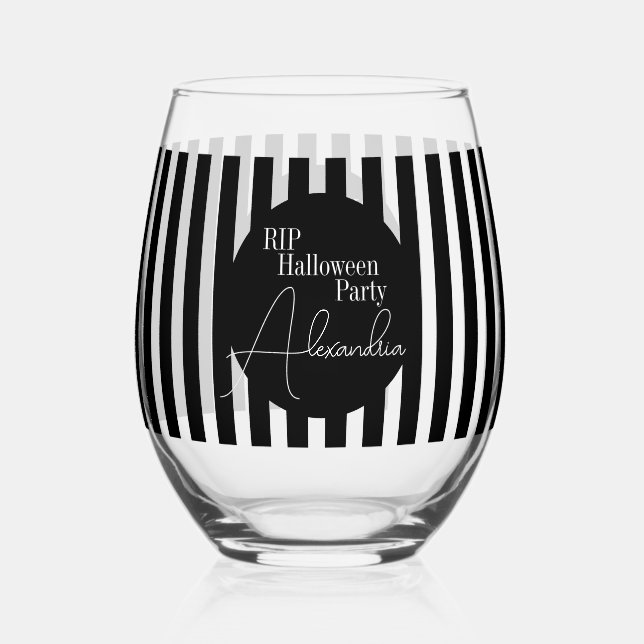 Personalized Halloween RIP Black and White Stripe Weinglas Ohne Stiel (Rückseite)