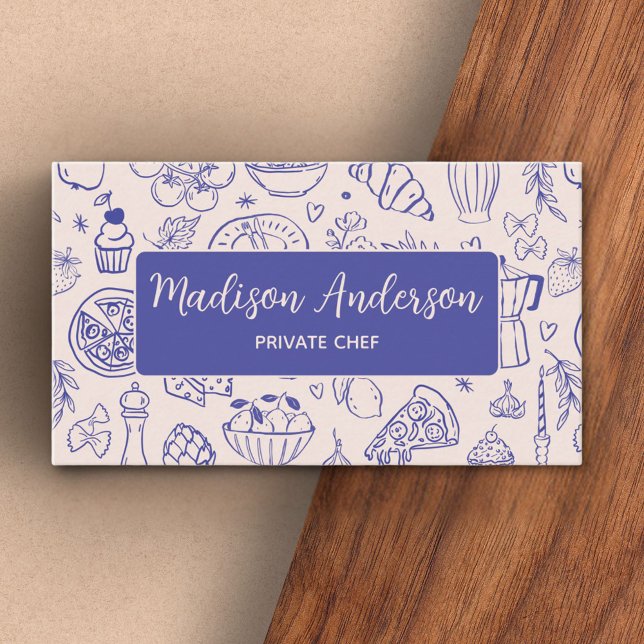 Personalized Hand Drawn Food QR Code Navy Blue Visitenkarte (In situ)