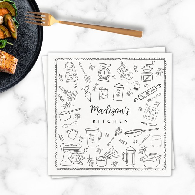 Personalized Hand Drawn Kitchen Cooking Utensils Serviette (In situ)