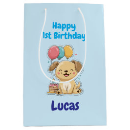 Personalized Happy 1st Birthday Gift Wrap, Puppy,  Mittlere Geschenktüte