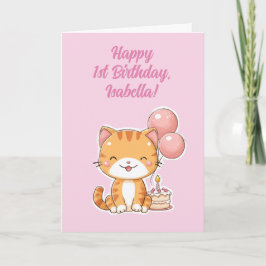 Personalized Happy 1st Birthday Girl, Cute Kitten Karte