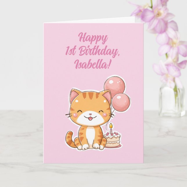 Personalized Happy 1st Birthday Girl, Cute Kitten Karte (Orchidee)