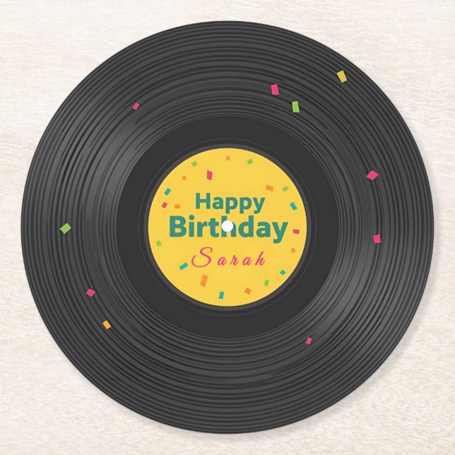 Personalized Happy Birthday Vinyl Record  Runder Pappuntersetzer (Vorderseite)