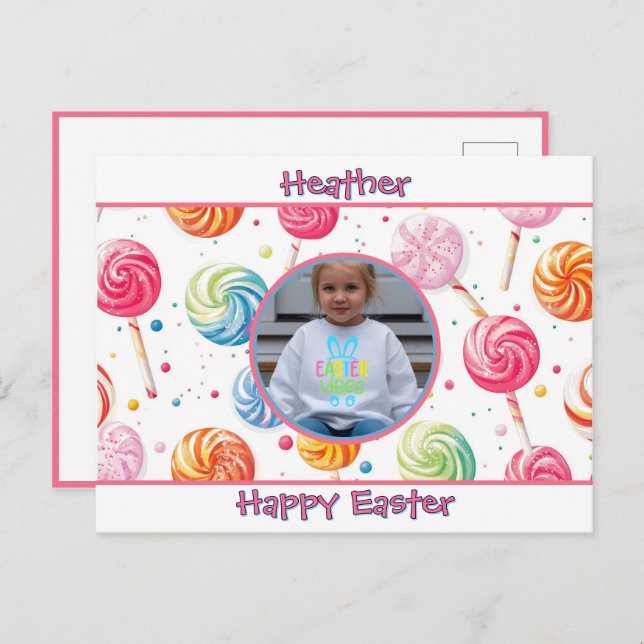 Personalized Happy Easter Lollipop Candy Photo Postkarte (Vorne/Hinten)