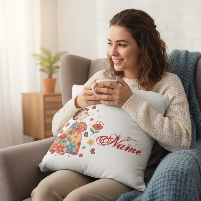 Personalized Happy Girl Floral Messy Bun Name Kissen (Von Creator hochgeladen)