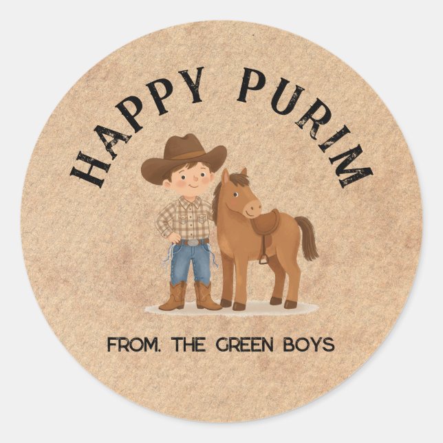 Personalized Happy Purim Round Sticker - Cowboy (Vorderseite)