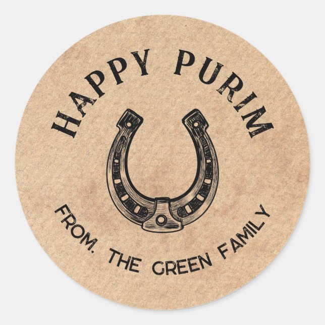 Personalized Happy Purim Round Sticker - Horseshoe (Vorderseite)