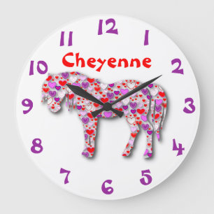 Personalized Heart Horse Purple, Pink and Red Pony Große Wanduhr