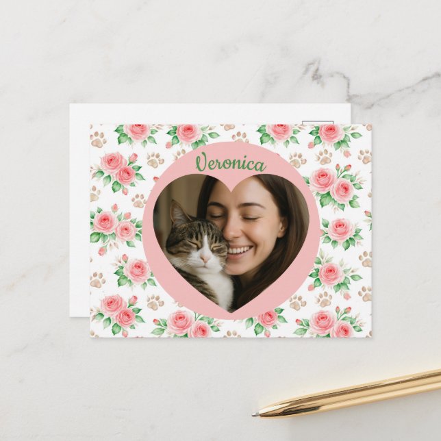 Personalized Heart Photo & Watercolor Floral  Postkarte (Vorderseite/Rückseite Beispiel)