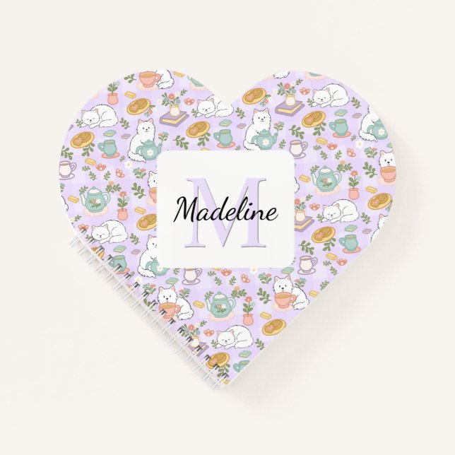 Personalized Heart Tea & Bookish Cats Pastel Girly Notizbuch (Vorderseite)