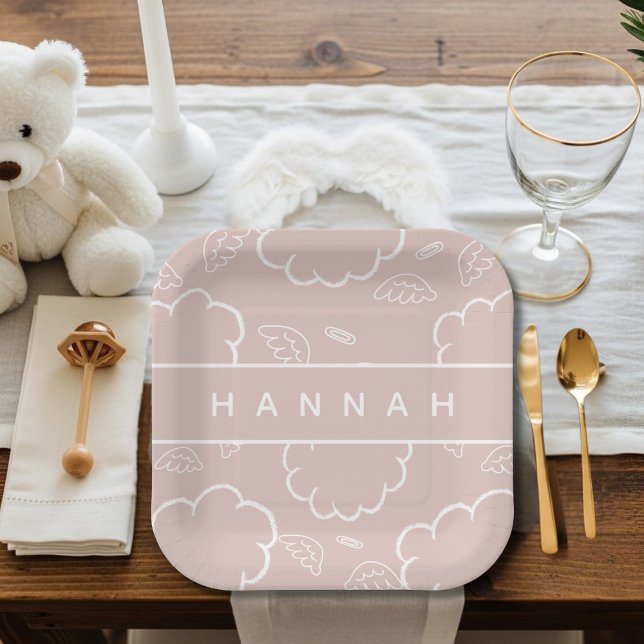 Personalized Heavenly Angel Halo Cloud  Pink   Pappteller (Personalized Heavenly Angel Halo Cloud Pink Paper Plates)