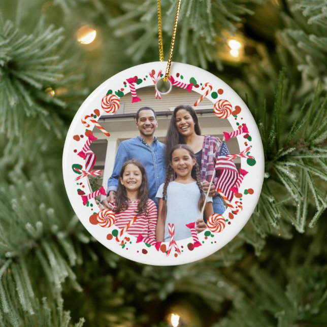 Personalized Holiday Candy Border Photo Keramik Ornament (Baum)